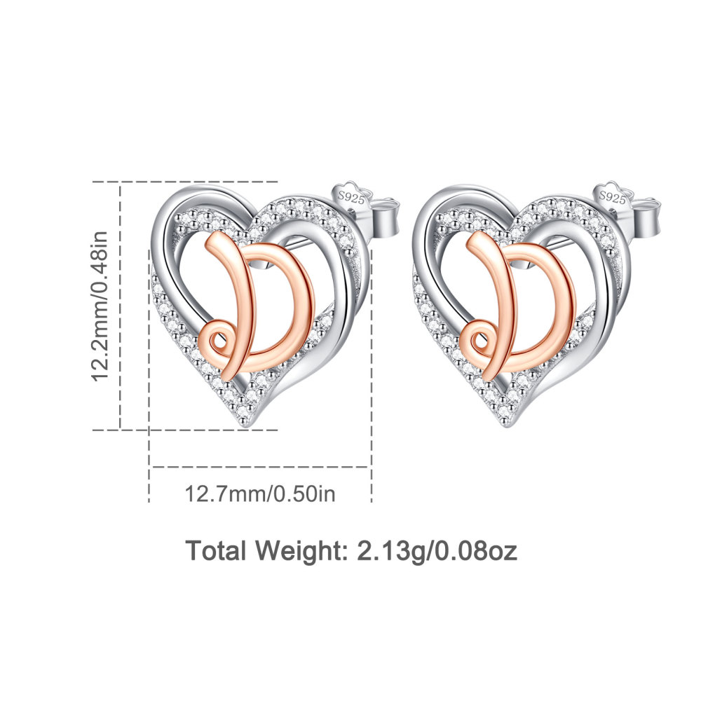 925 Sterling Silver Heart Initial D Stud Earrings