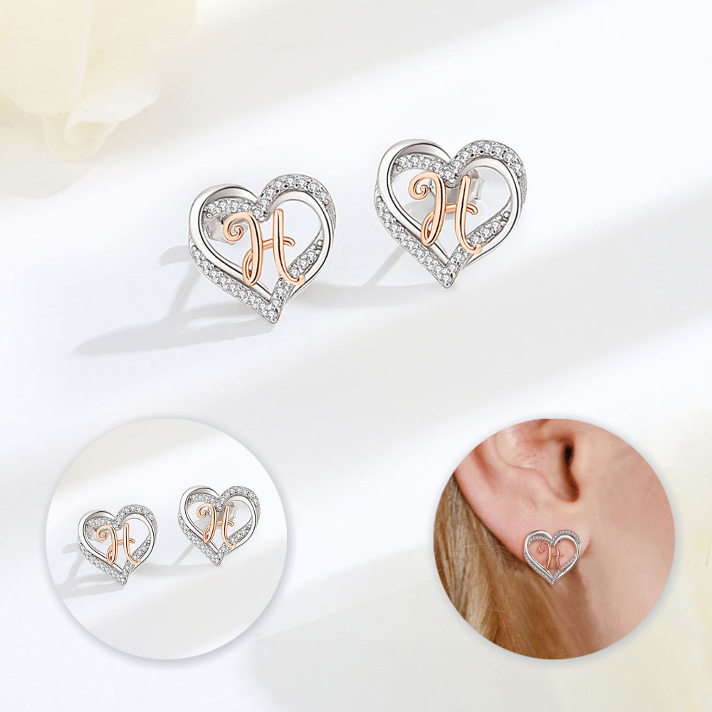 925 Sterling Silver Heart Initial H Stud Earrings