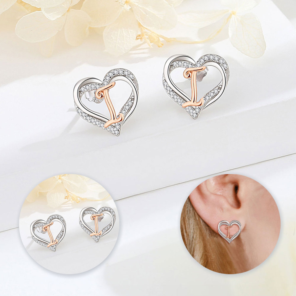 925 Sterling Silver Heart Initial I Stud Earrings