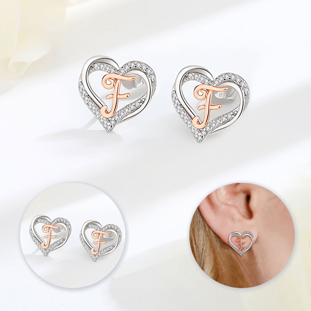925 Sterling Silver Heart Initial F Stud Earrings