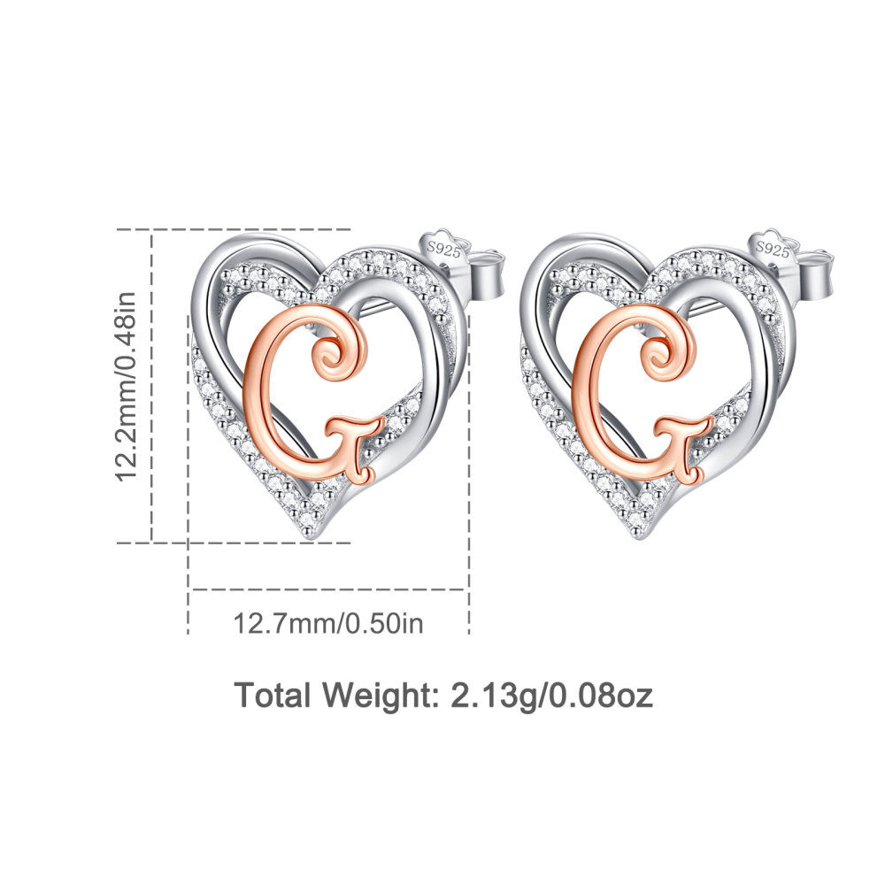 925 Sterling Silver Heart Initial G Stud Earrings