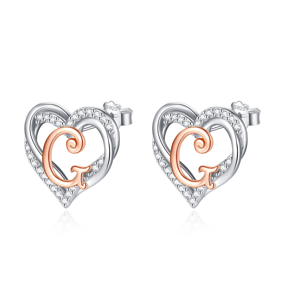 925 Sterling Silver Heart Initial G Stud Earrings