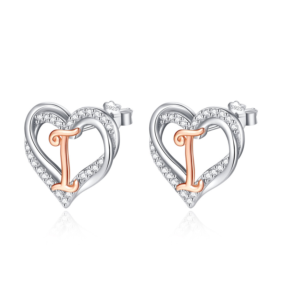 925 Sterling Silver Heart Initial I Stud Earrings