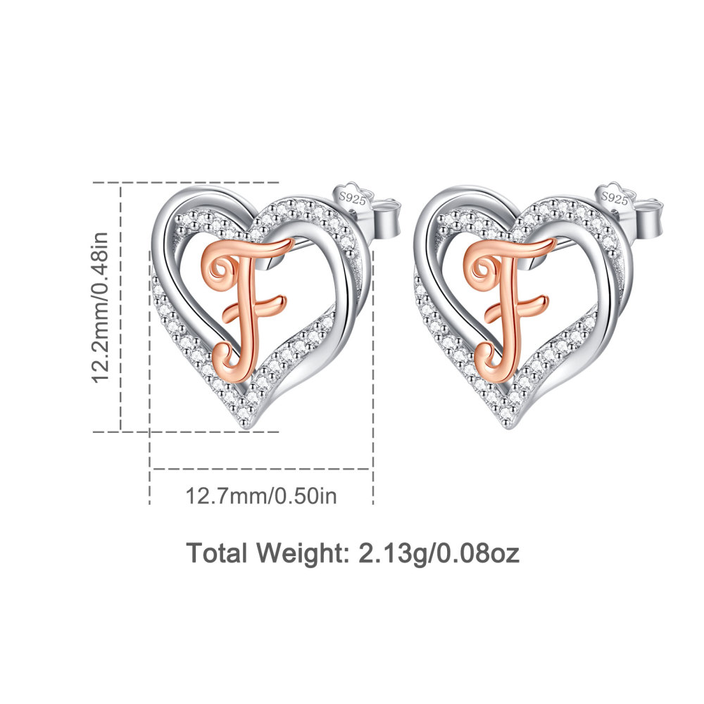925 Sterling Silver Heart Initial F Stud Earrings