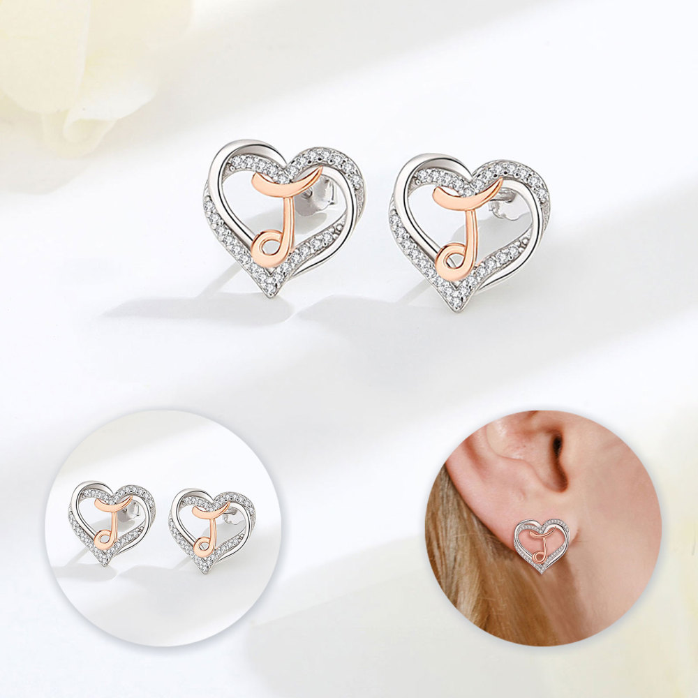 925 Sterling Silver Heart Initial J Stud Earrings