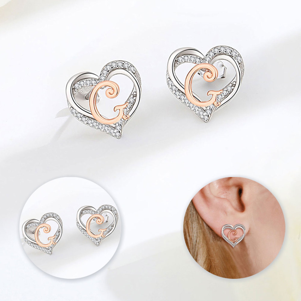 925 Sterling Silver Heart Initial G Stud Earrings
