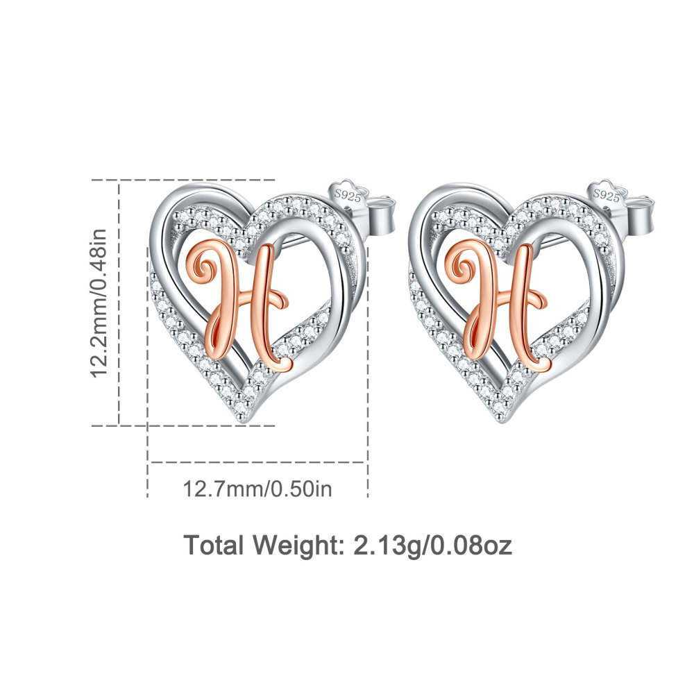 925 Sterling Silver Heart Initial H Stud Earrings