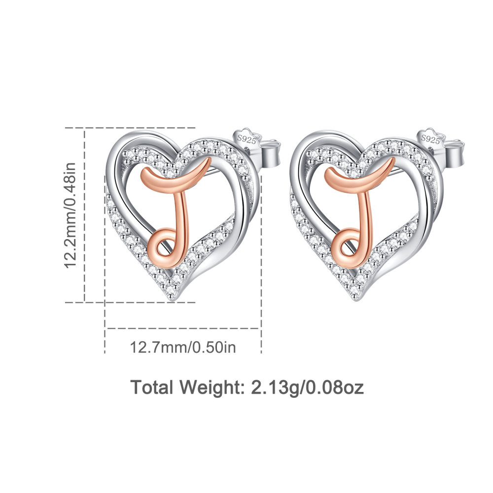 925 Sterling Silver Heart Initial J Stud Earrings