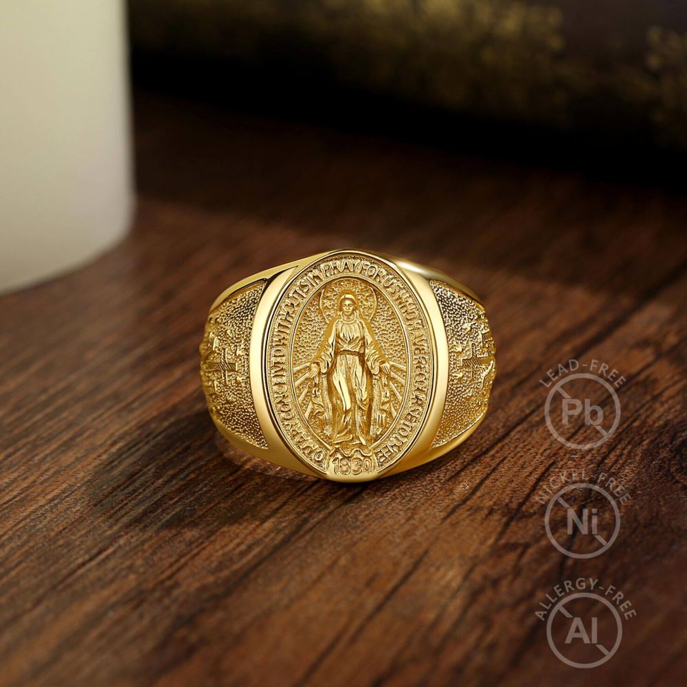 18K Gold-Plated 925 Sterling Silver Miraculous Medal Virgin Mary Ring