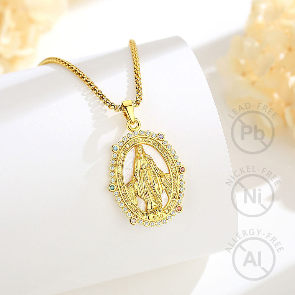 18K Gold-Plated Miraculous Medal Pendant with Mother of Pearl
