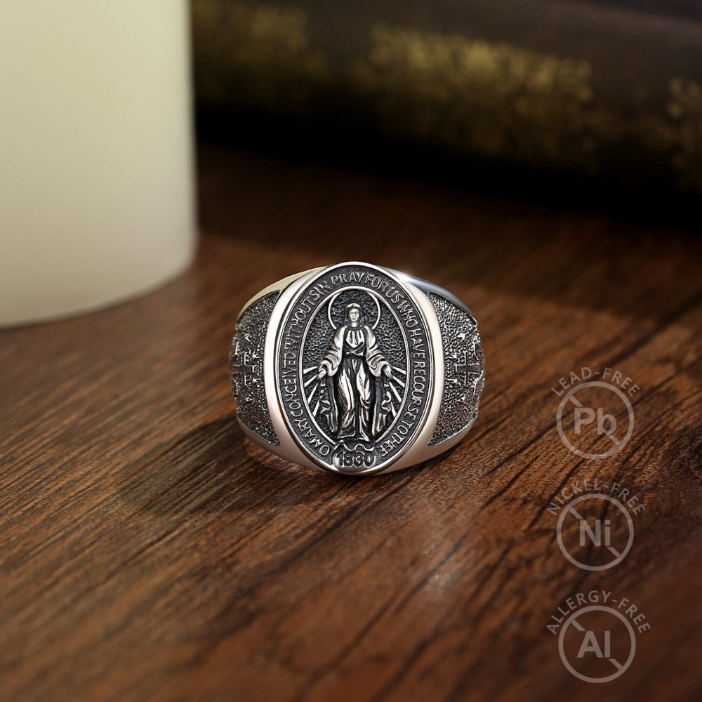 925 Sterling Silver Miraculous Medal Virgin Mary Ring