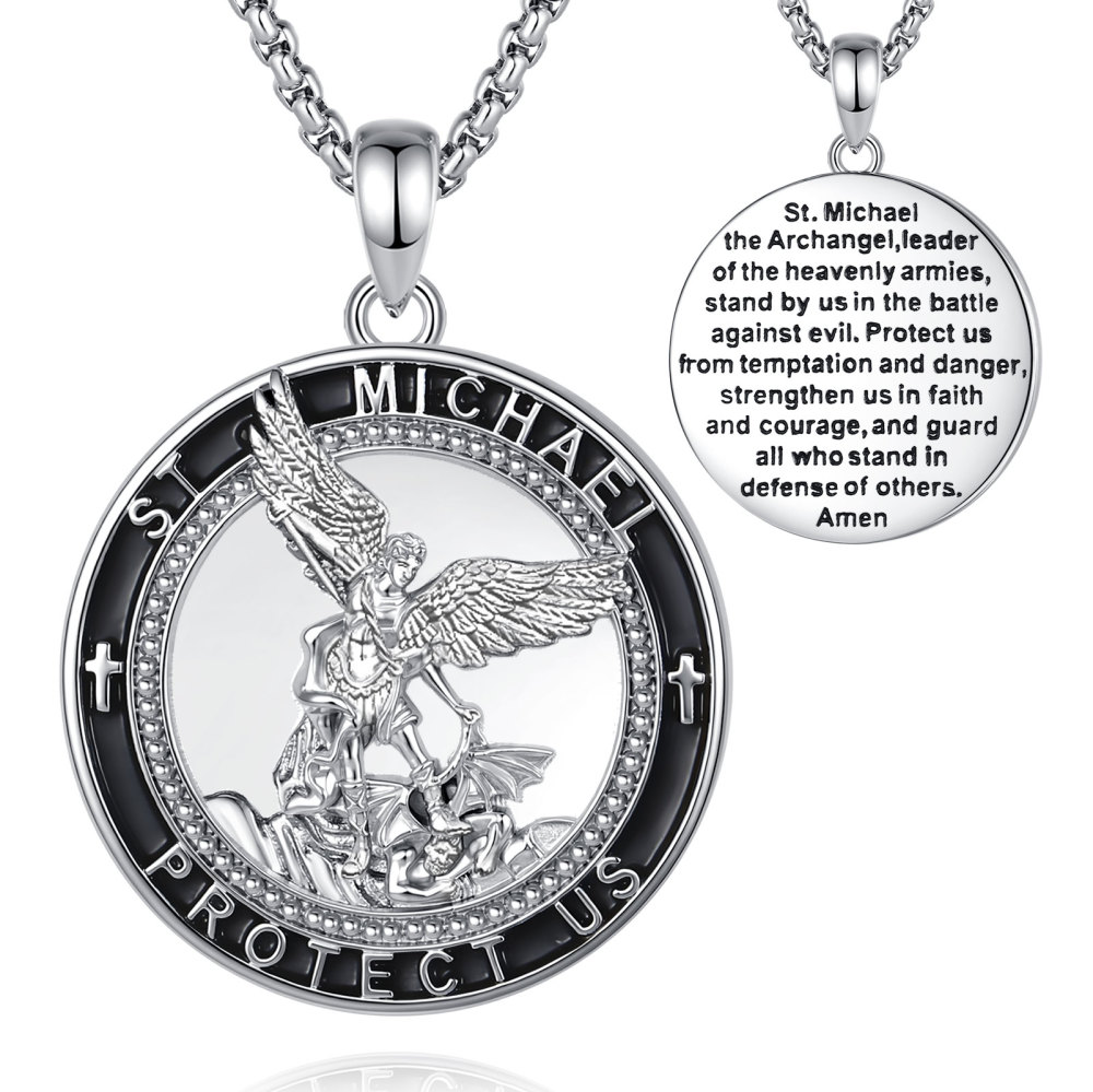 Rhodium-Plated St. Michael Pendant with Black Enamel