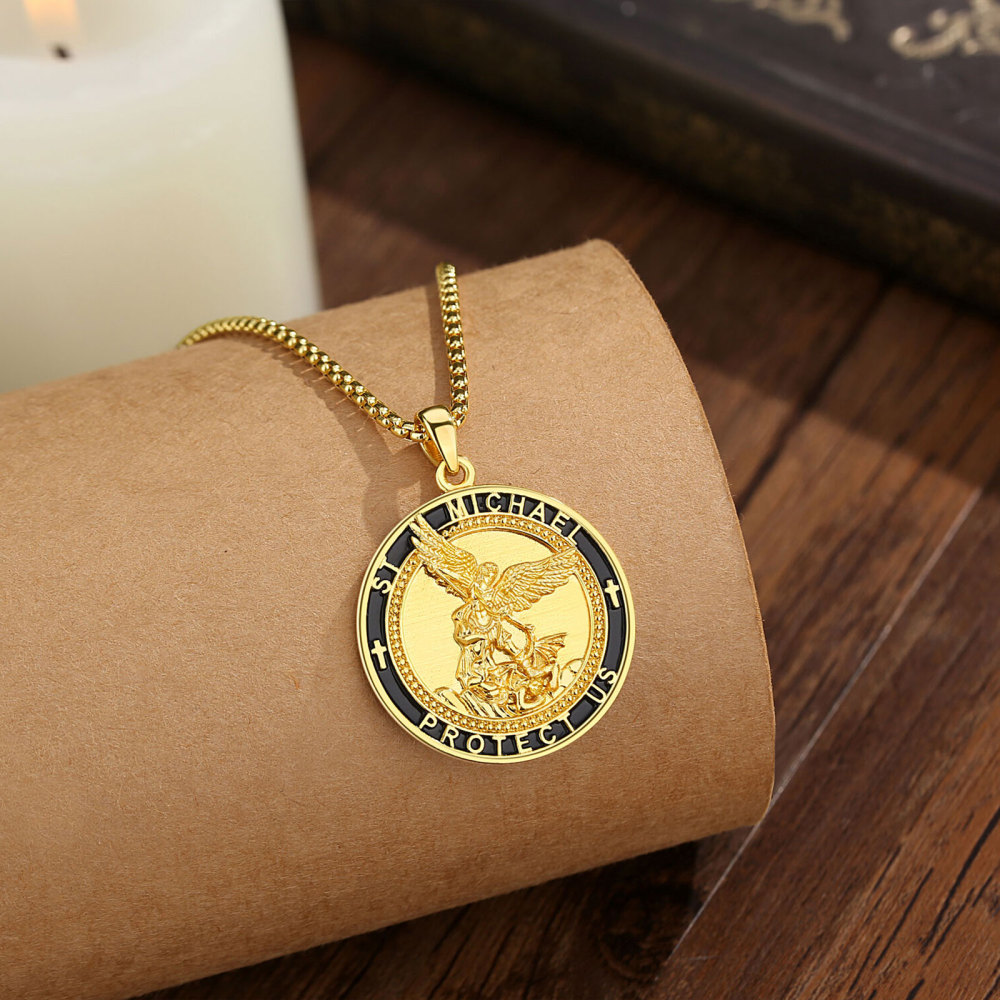 18K Gold-Plated St. Michael Pendant with Black Enamel