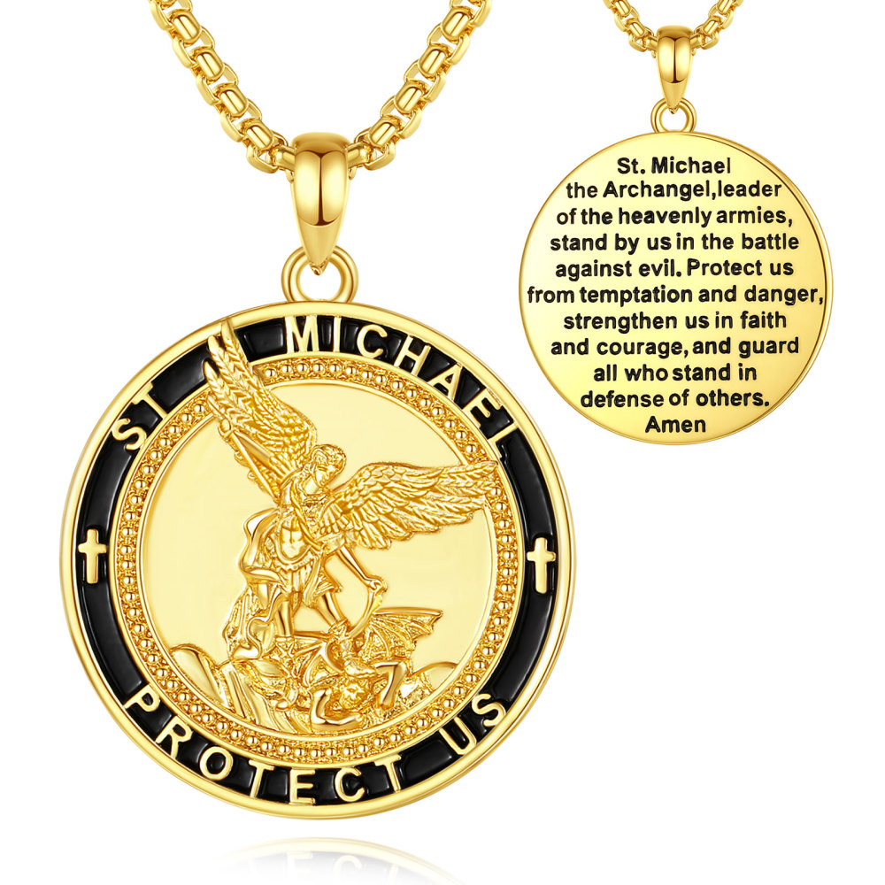 18K Gold-Plated St. Michael Pendant with Black Enamel