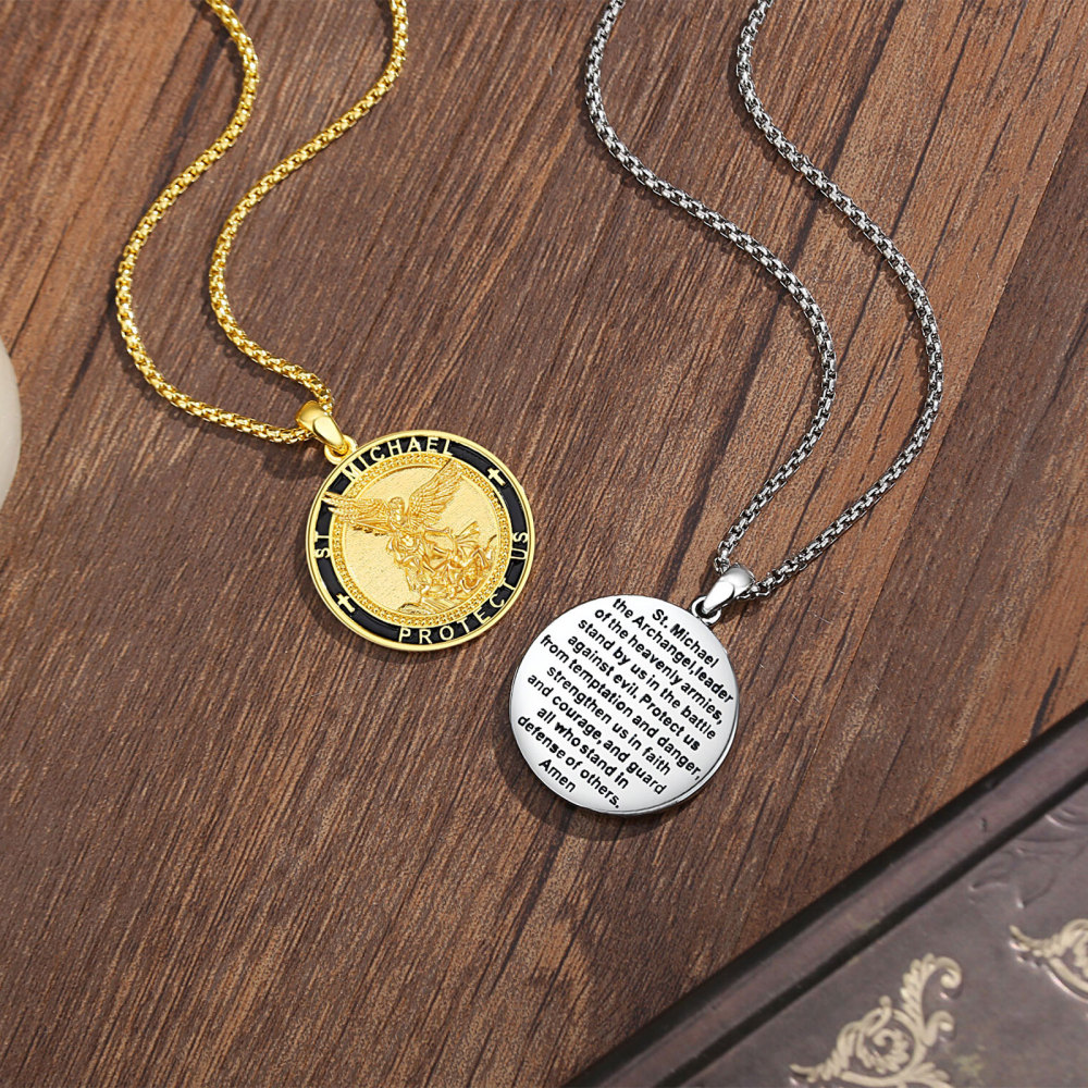Rhodium-Plated St. Michael Pendant with Black Enamel
