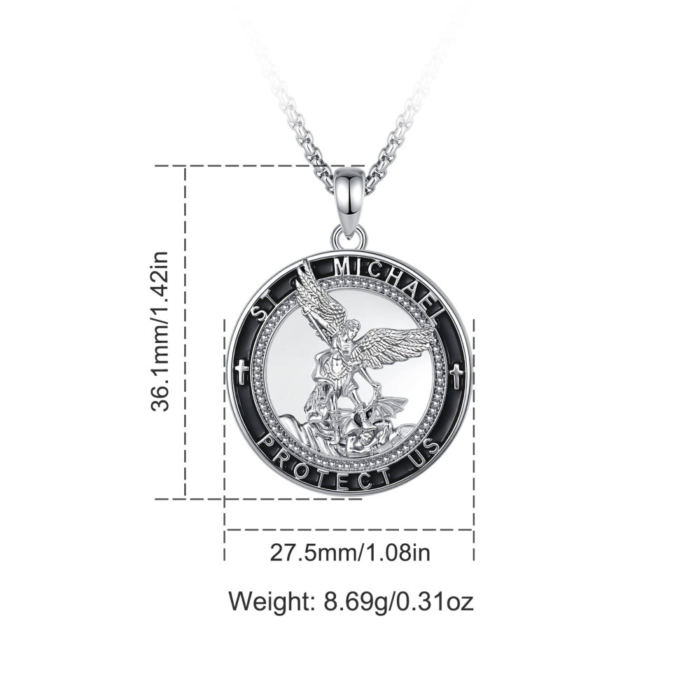 Rhodium-Plated St. Michael Pendant with Black Enamel