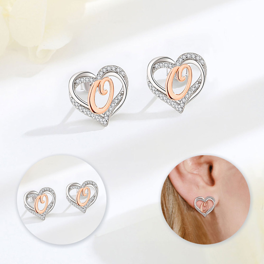 925 Sterling Silver Heart Initial O Stud Earrings