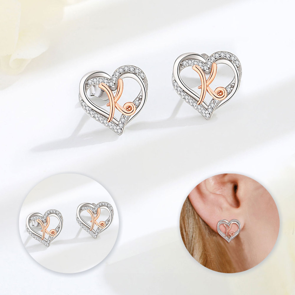 925 Sterling Silver Heart Initial K Stud Earrings