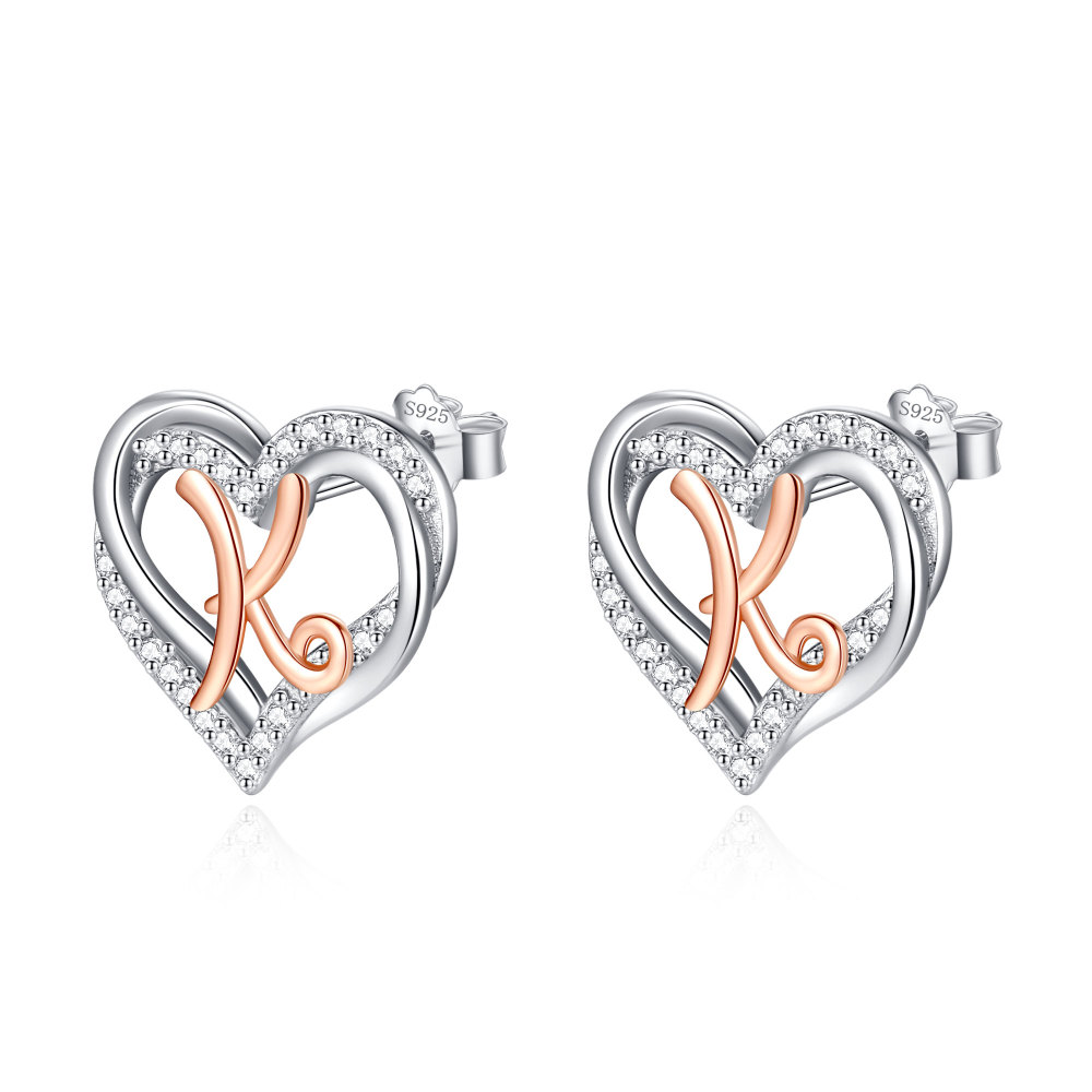 925 Sterling Silver Heart Initial K Stud Earrings