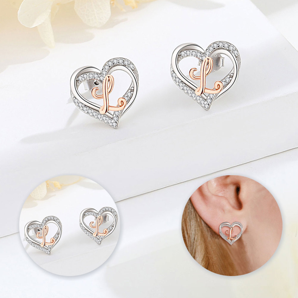 925 Sterling Silver Heart Initial L Stud Earrings