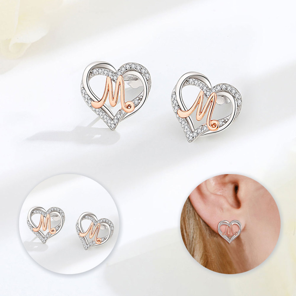 925 Sterling Silver Heart Initial M Stud Earrings