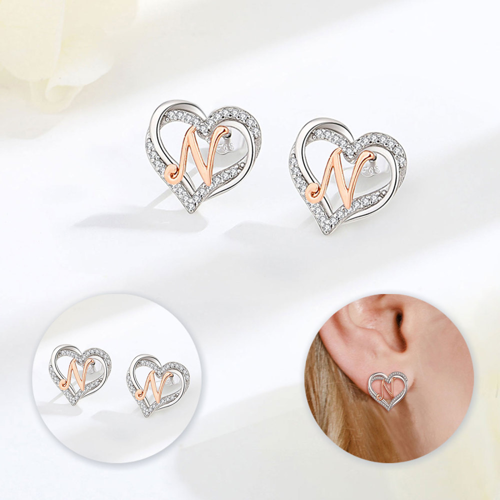 925 Sterling Silver Heart Initial N Stud Earrings