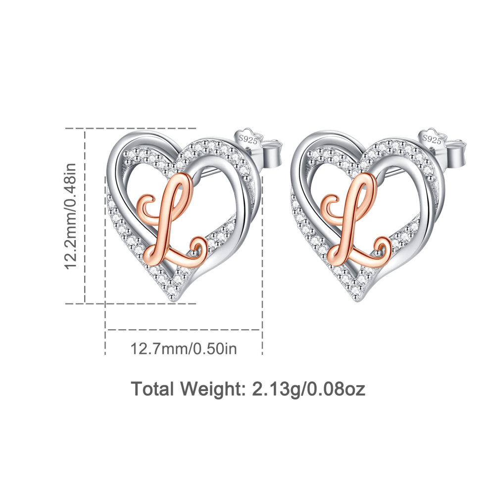 925 Sterling Silver Heart Initial L Stud Earrings