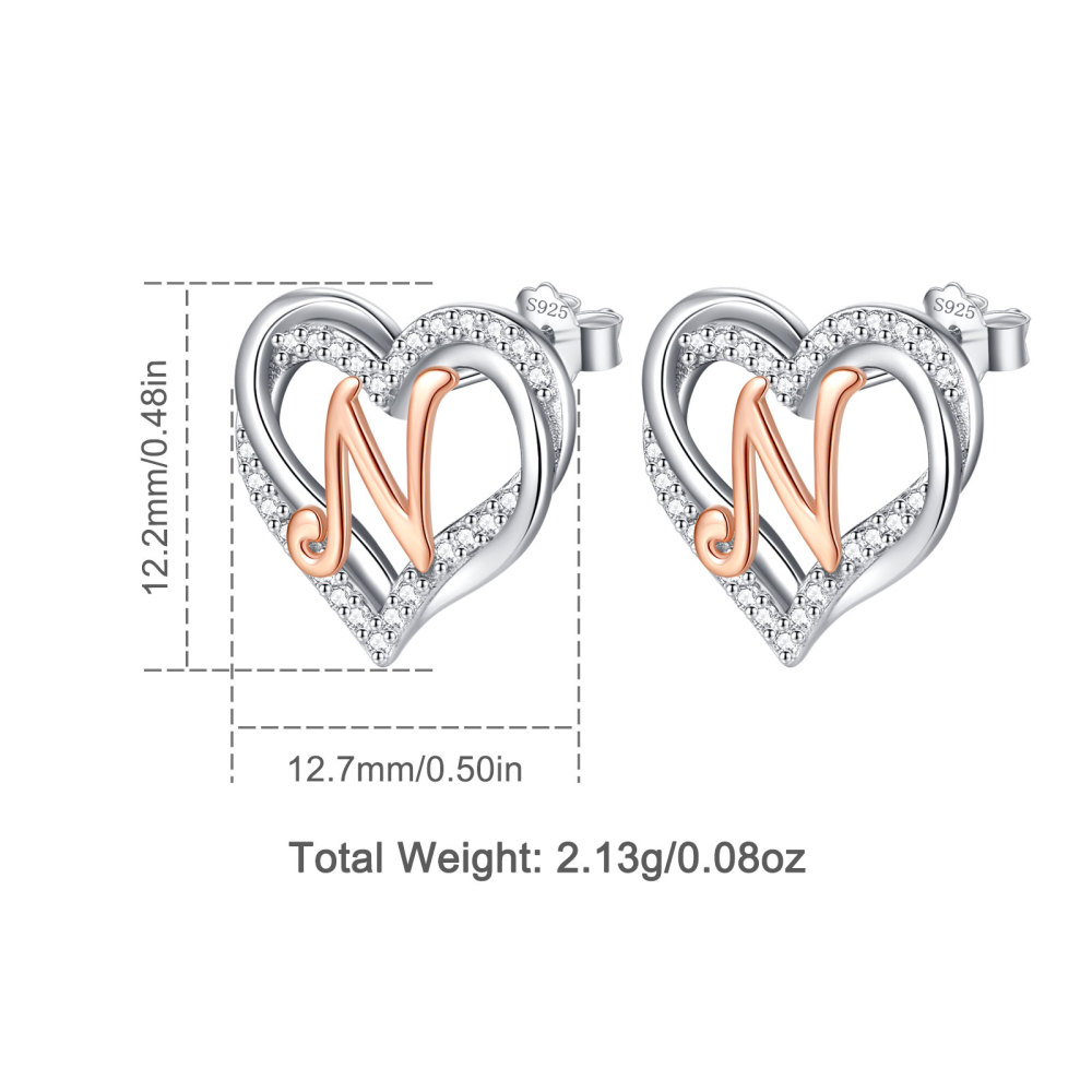 925 Sterling Silver Heart Initial N Stud Earrings