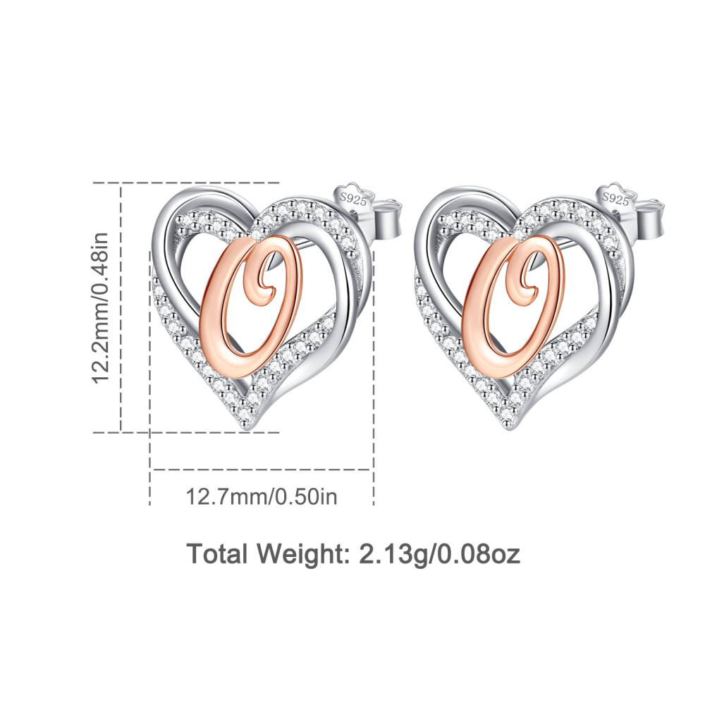 925 Sterling Silver Heart Initial O Stud Earrings