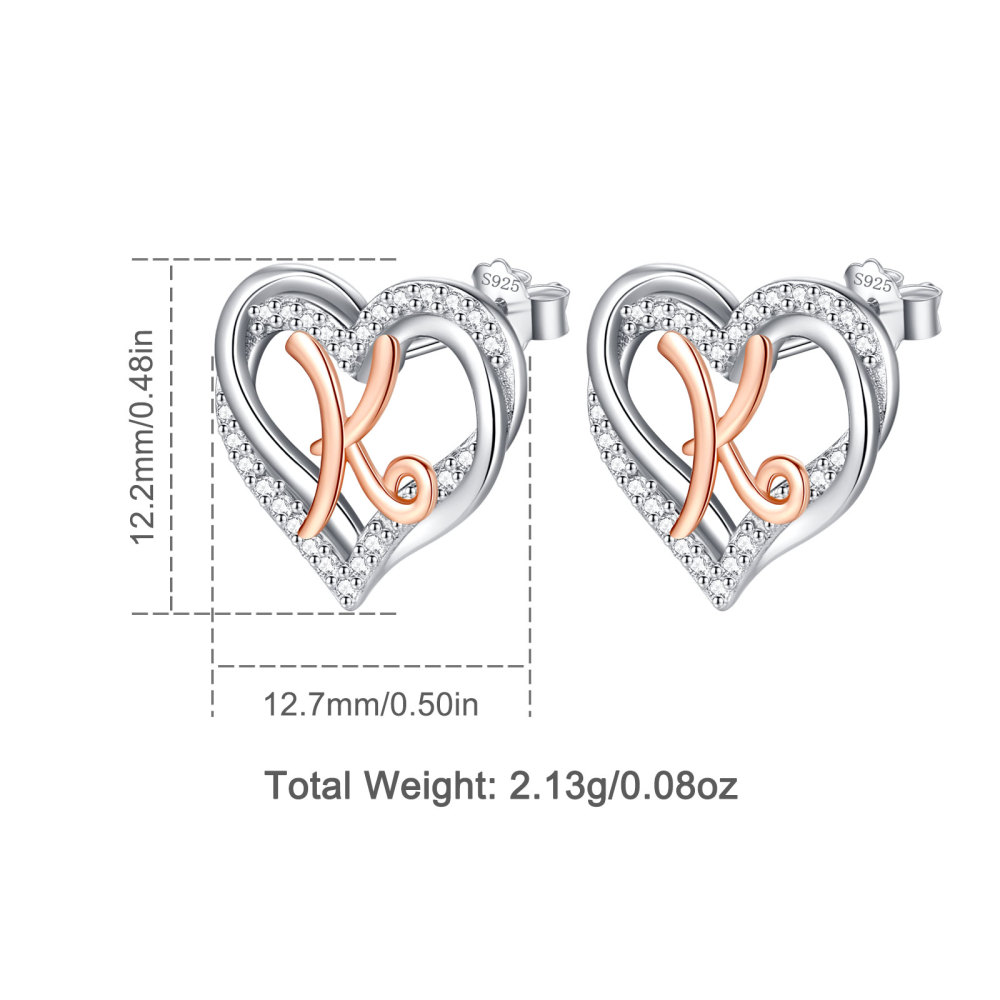 925 Sterling Silver Heart Initial K Stud Earrings