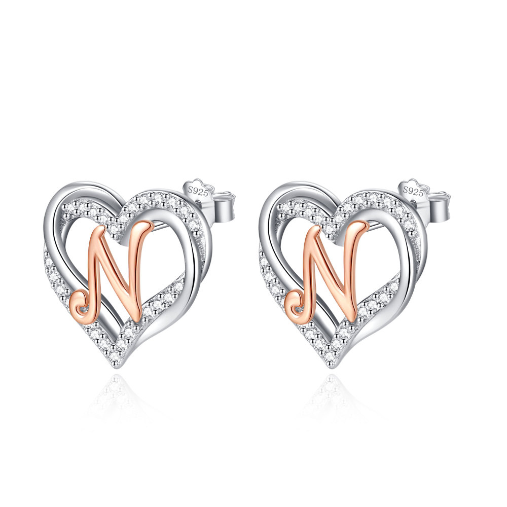 925 Sterling Silver Heart Initial N Stud Earrings