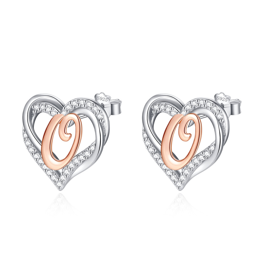 925 Sterling Silver Heart Initial O Stud Earrings