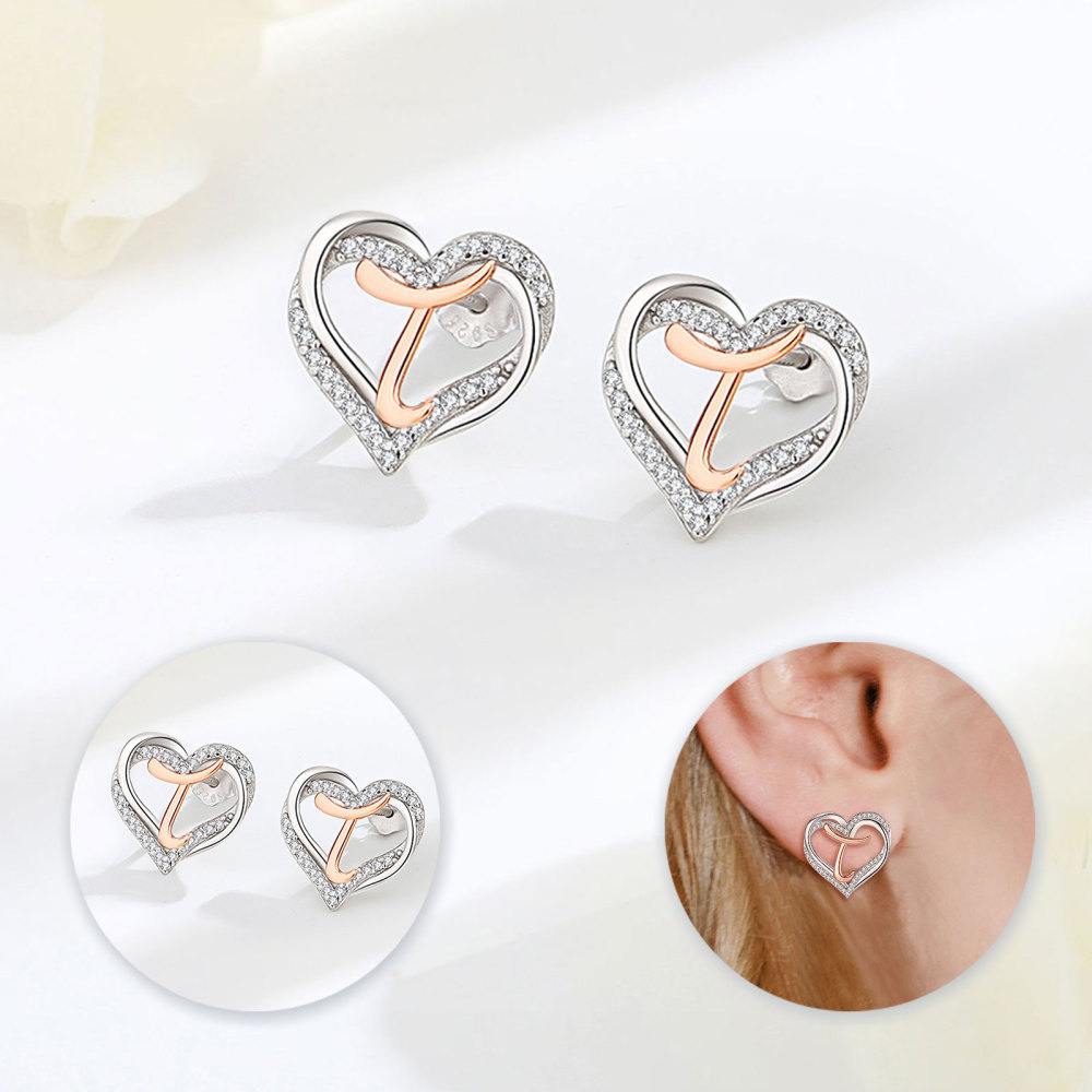 925 Sterling Silver Heart Initial T Stud Earrings