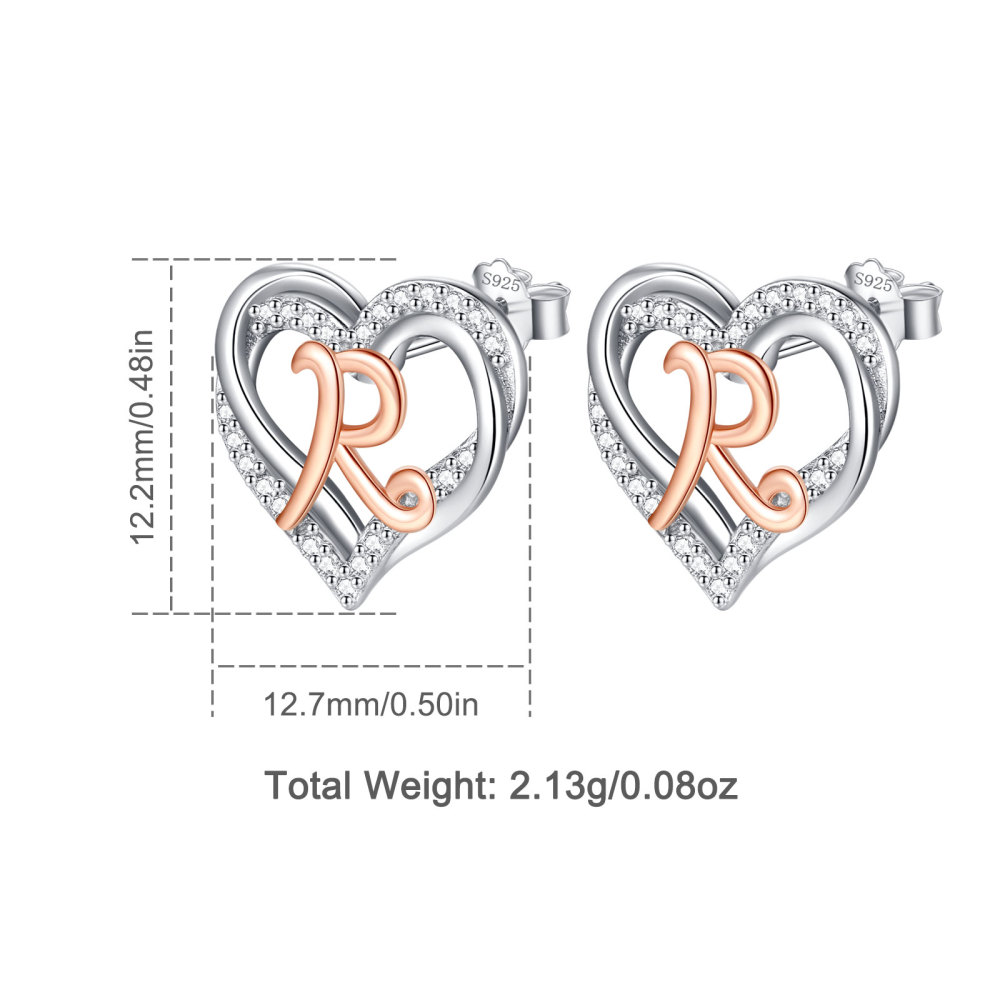 925 Sterling Silver Heart Initial R Stud Earrings