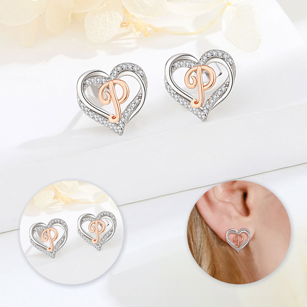 925 Sterling Silver Heart Initial P Stud Earrings