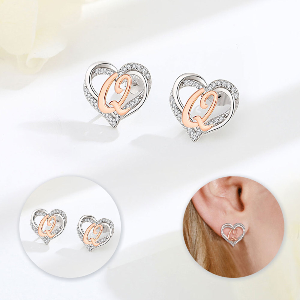 925 Sterling Silver Heart Initial Q Stud Earrings