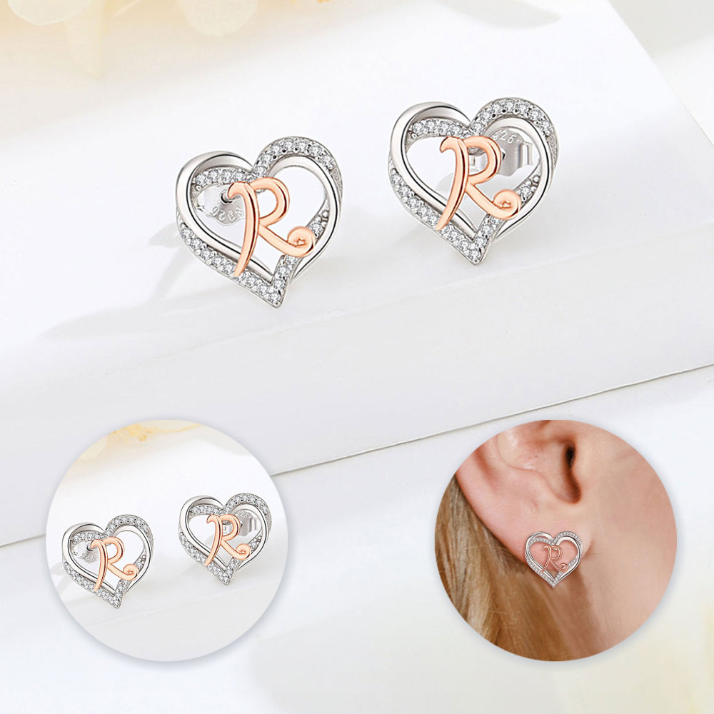 925 Sterling Silver Heart Initial R Stud Earrings