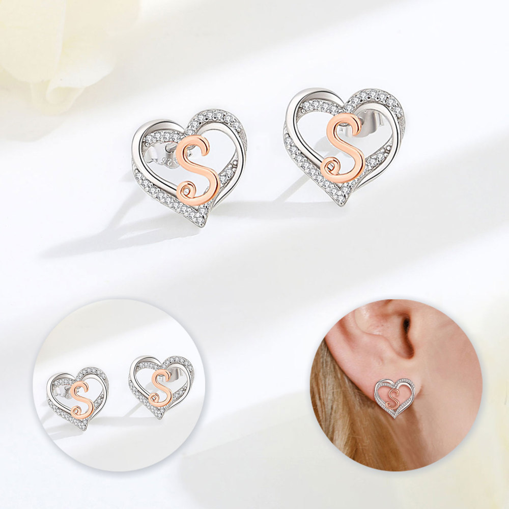 925 Sterling Silver Heart Initial S Stud Earrings