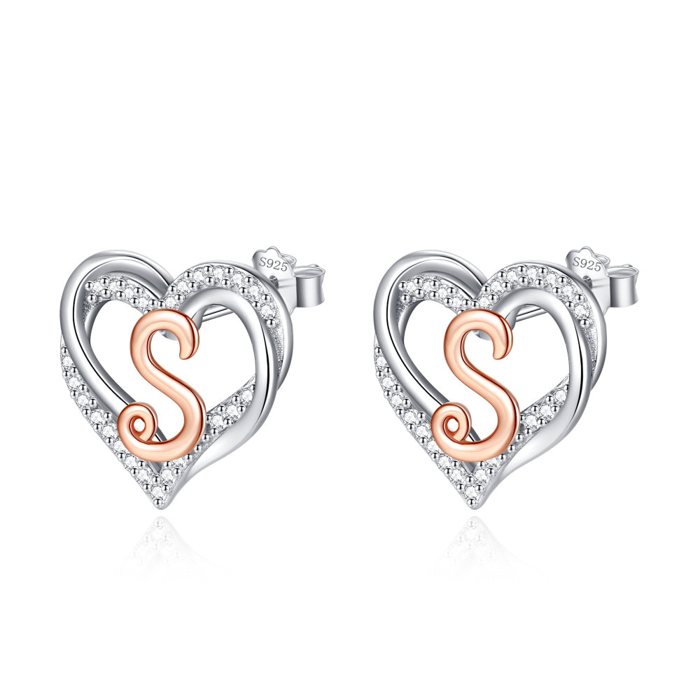 925 Sterling Silver Heart Initial S Stud Earrings