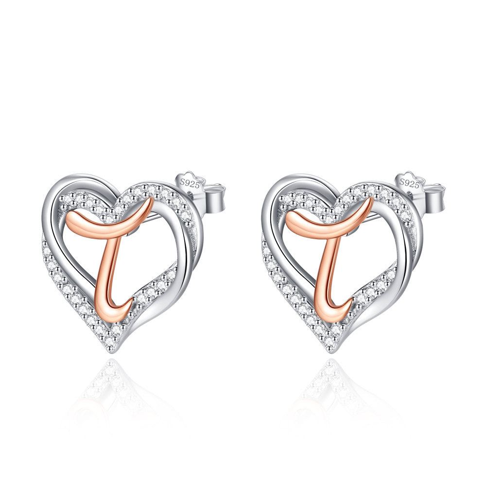 925 Sterling Silver Heart Initial T Stud Earrings