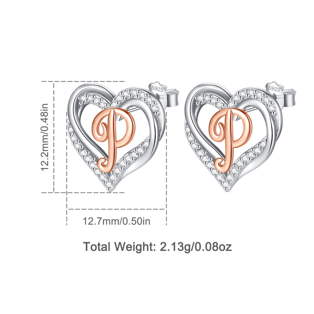 925 Sterling Silver Heart Initial P Stud Earrings