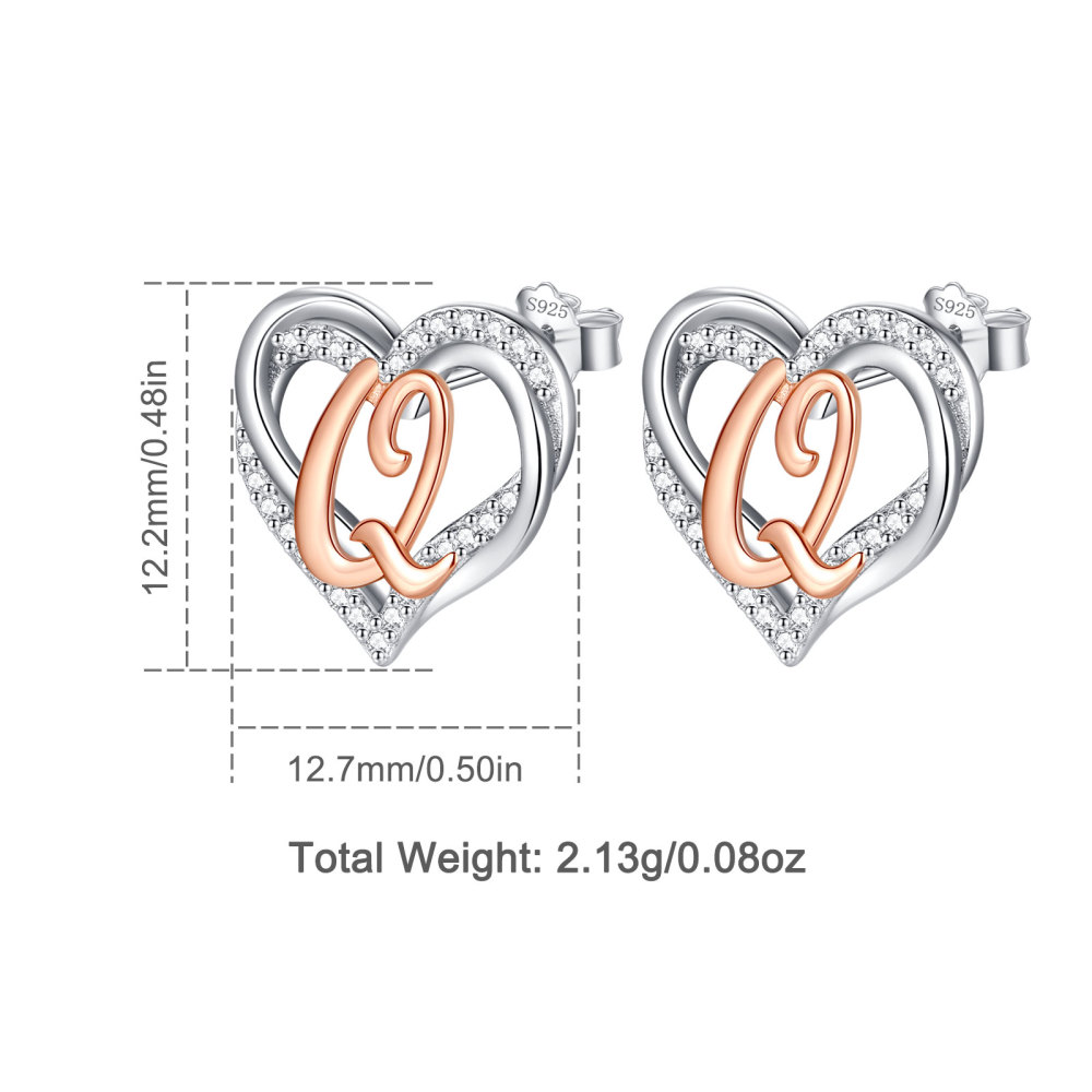925 Sterling Silver Heart Initial Q Stud Earrings