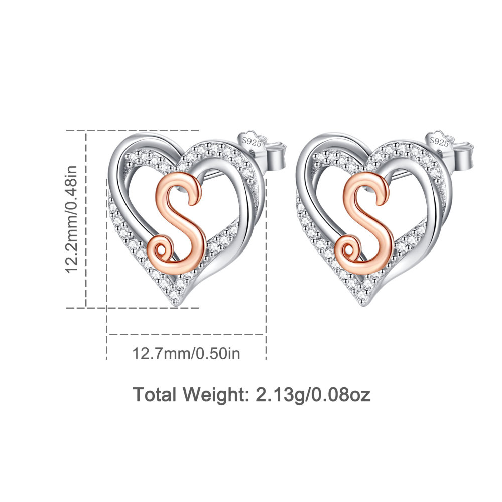 925 Sterling Silver Heart Initial S Stud Earrings