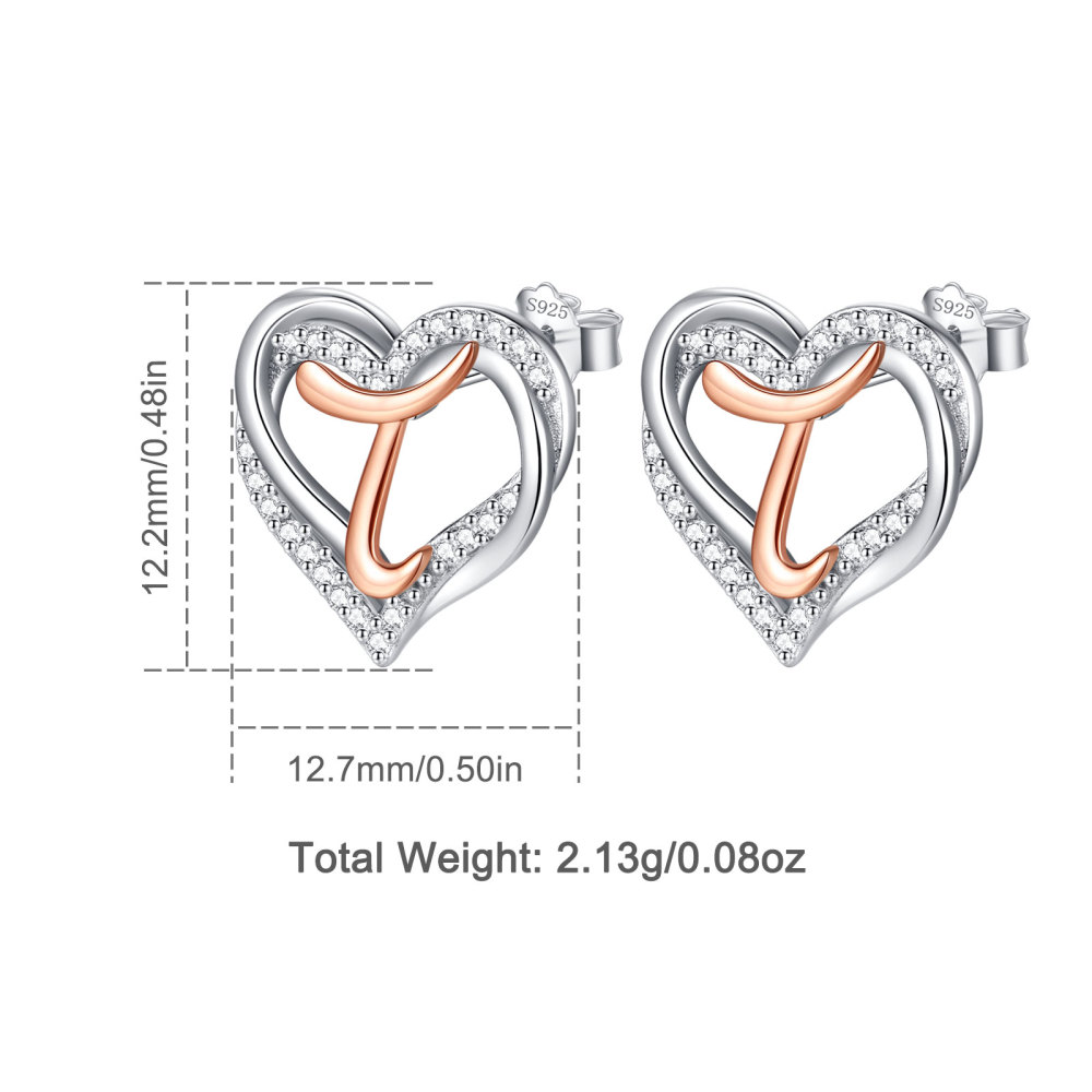 925 Sterling Silver Heart Initial T Stud Earrings