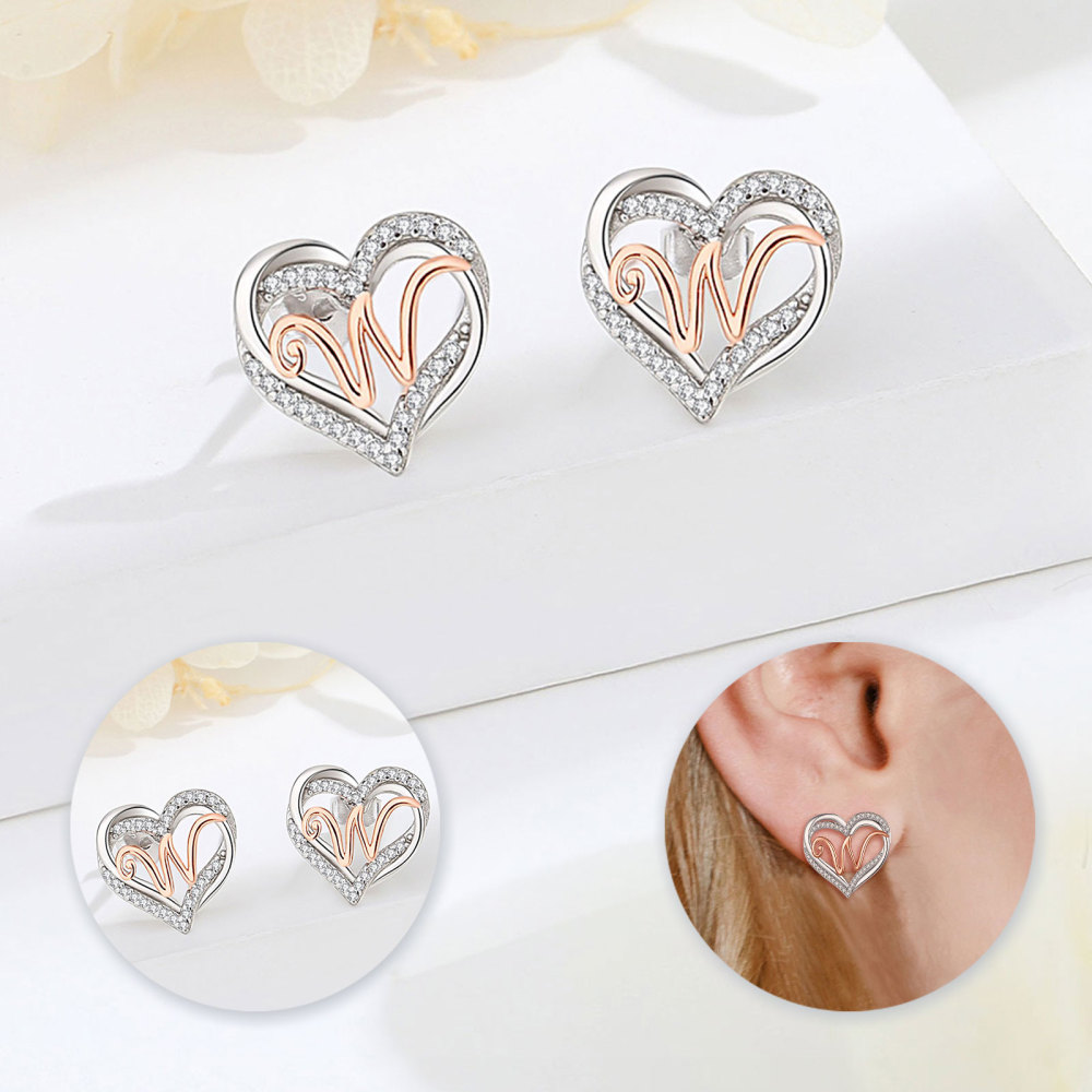 925 Sterling Silver Heart Initial W Stud Earrings