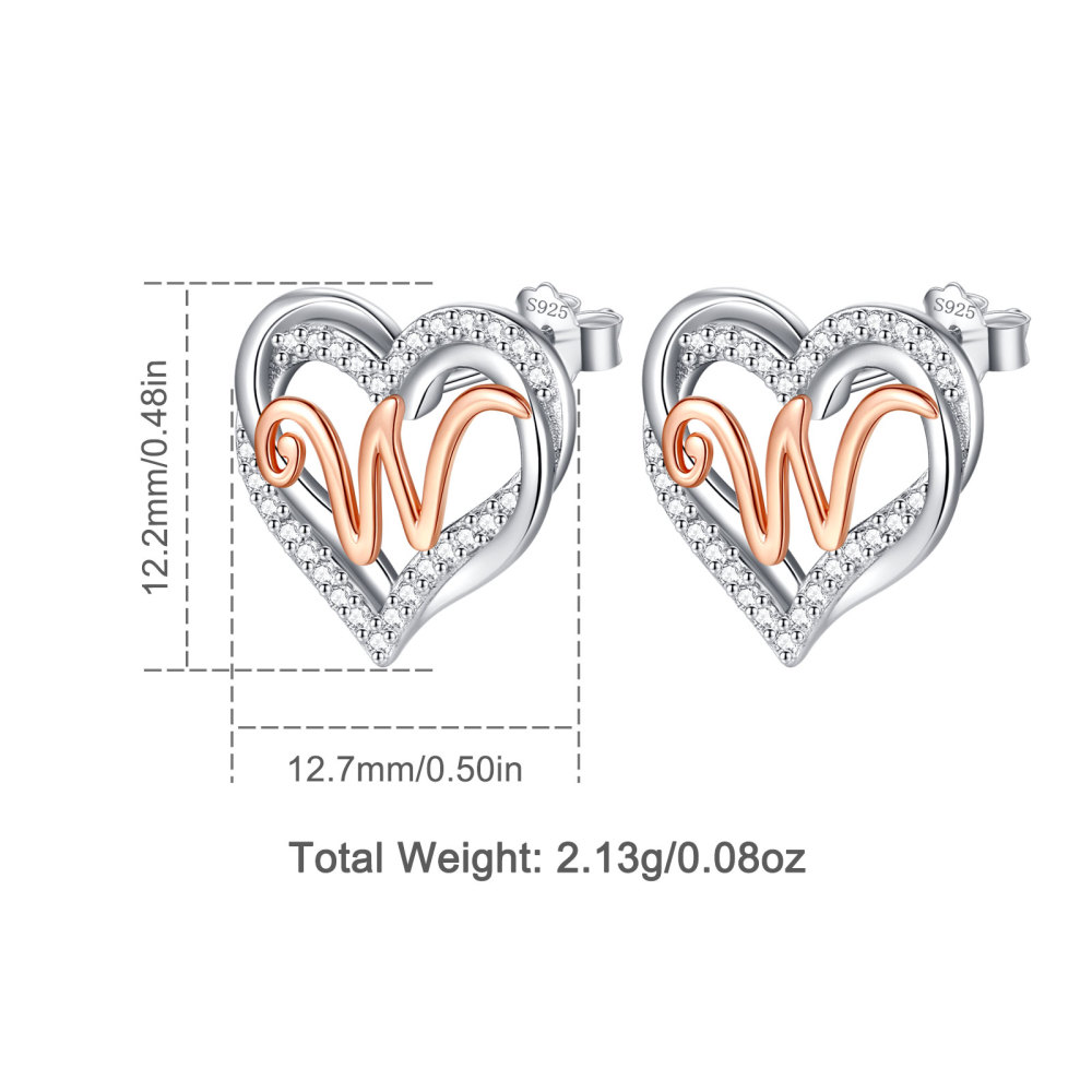 925 Sterling Silver Heart Initial W Stud Earrings