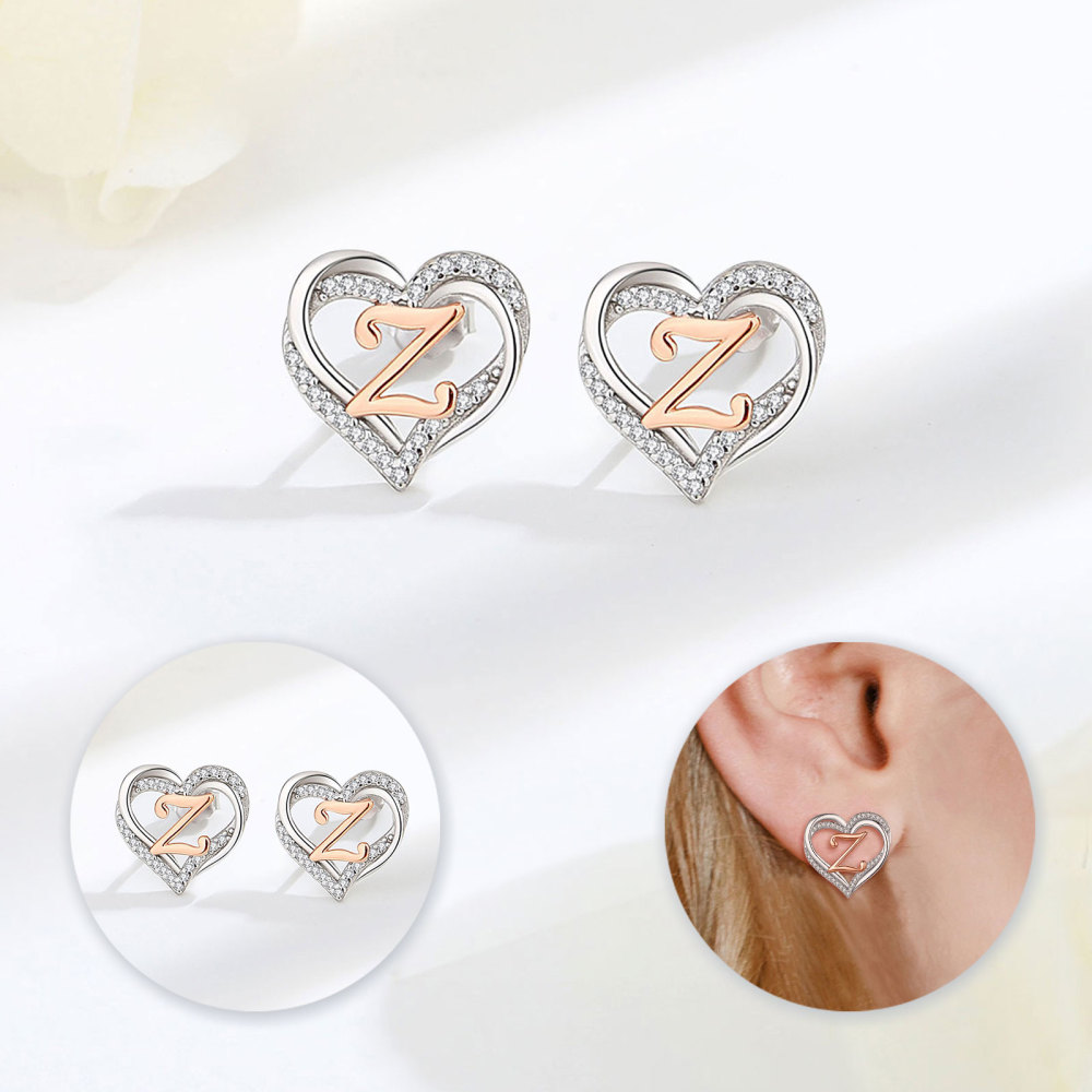 925 Sterling Silver Heart Initial Z Stud Earrings