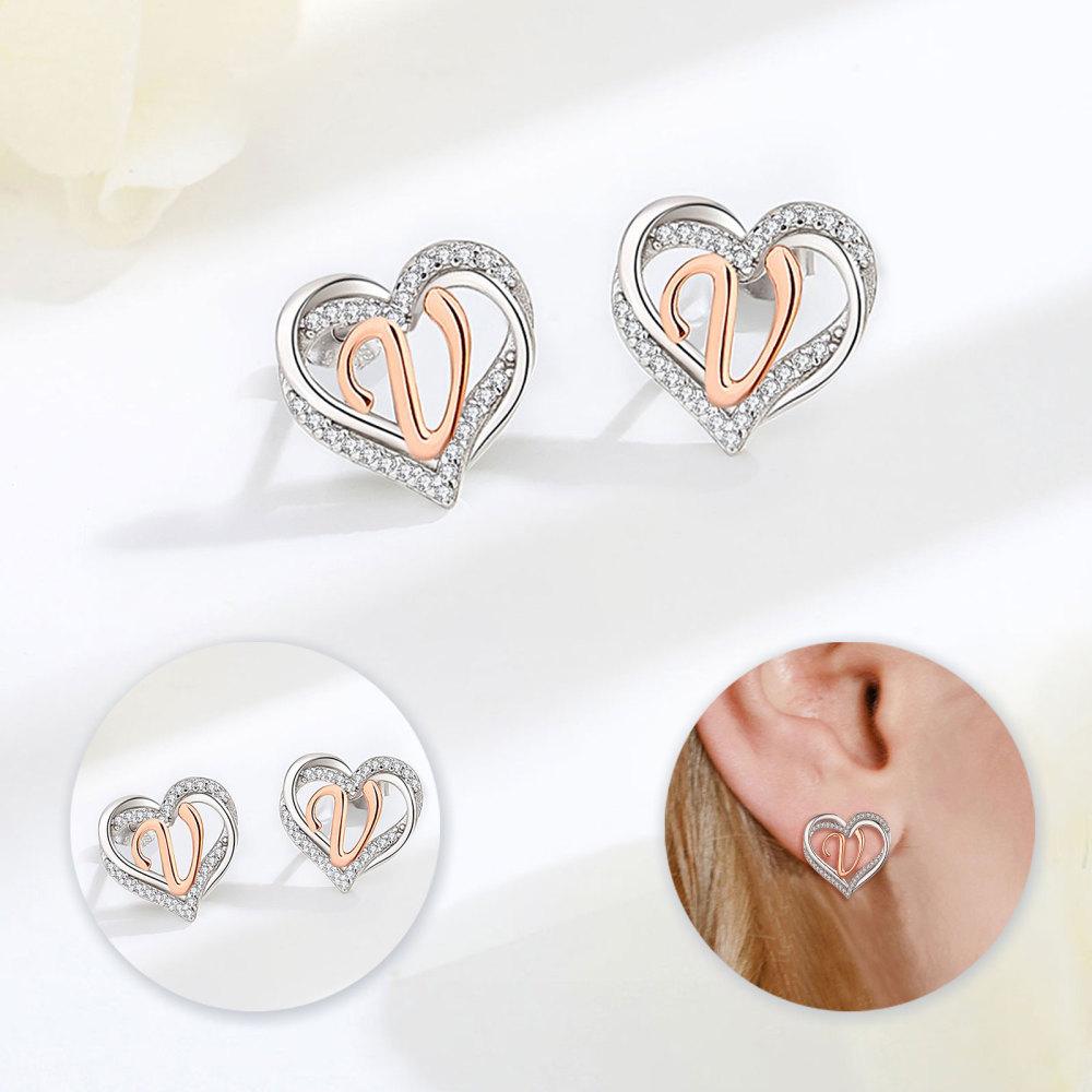 925 Sterling Silver Heart Initial V Stud Earrings