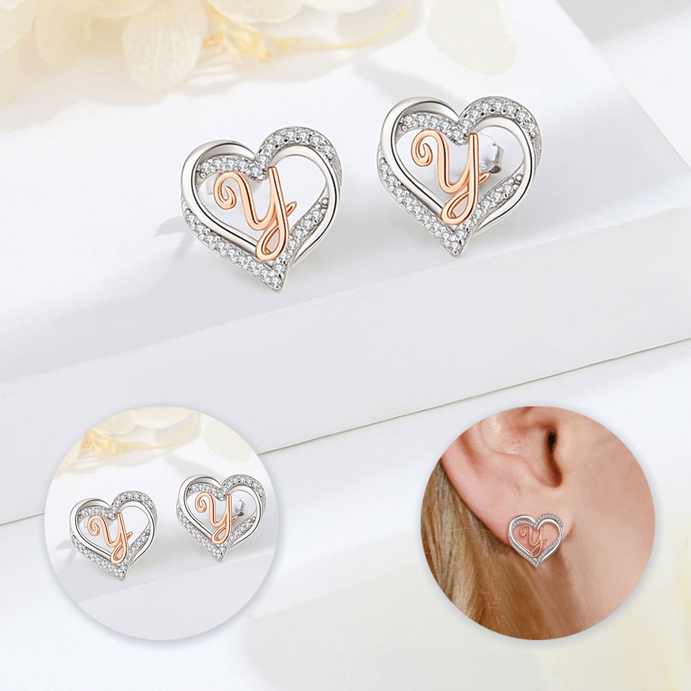 925 Sterling Silver Heart Initial Y Stud Earrings