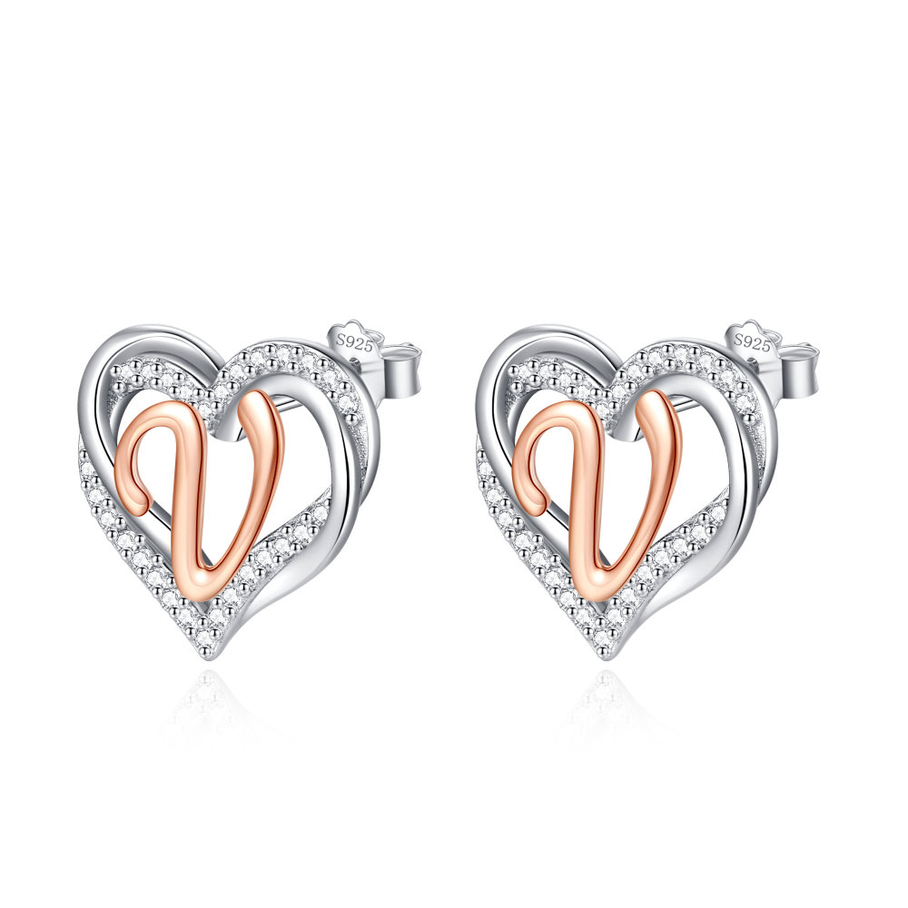 925 Sterling Silver Heart Initial V Stud Earrings